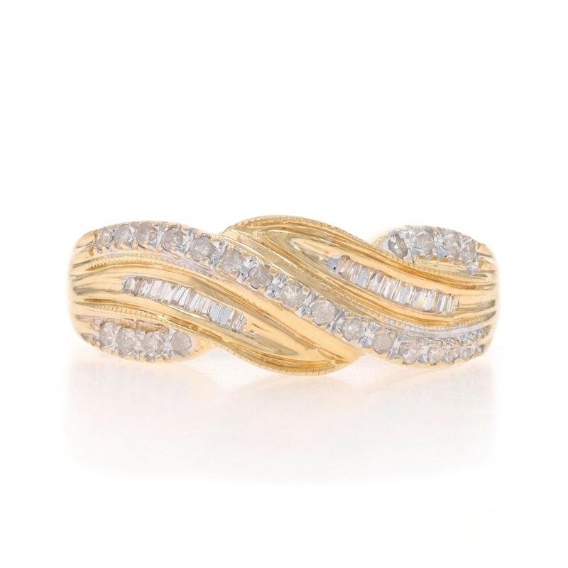 Size: 6 1/4
Sizing Fee: Up 2 sizes for $40 or Down 1/2 a size for $40

Metal Content: 14k Yellow Gold & 14k White Gold

Stone Information

Natural Diamonds
Carat(s): .15ctw
Cut: Single and Baguette
Color: G - H
Clarity: SI1 - I2

Total Carats:
