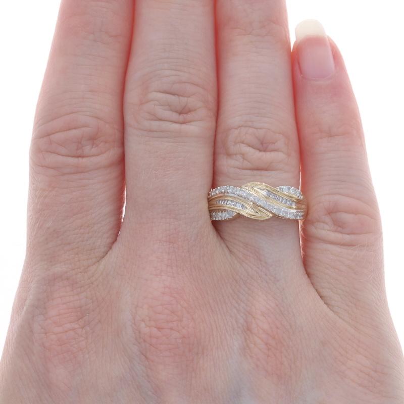 Baguette Cut Yellow Gold Diamond Crossover Band - 14k Single and Baguette .15ctw Ring For Sale