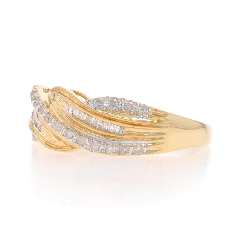 Yellow Gold Diamond Crossover Band - 14k Single and Baguette .15ctw Ring In Excellent Condition For Sale In Greensboro, NC