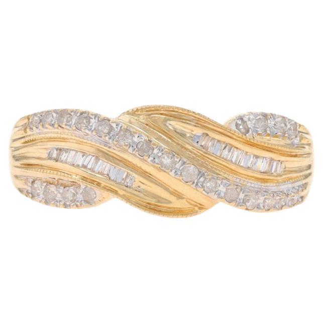 Yellow Gold Diamond Crossover Band - 14k Single and Baguette .15ctw Ring