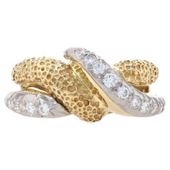 Yellow Gold Diamond Crossover Band - 18k Round Brilliant .26ctw Textured Ring