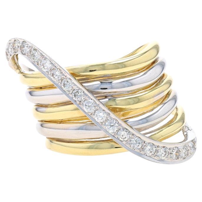 Yellow Gold Diamond Crossover Wave Band - 18k Round Brilliant .76ctw Ring For Sale