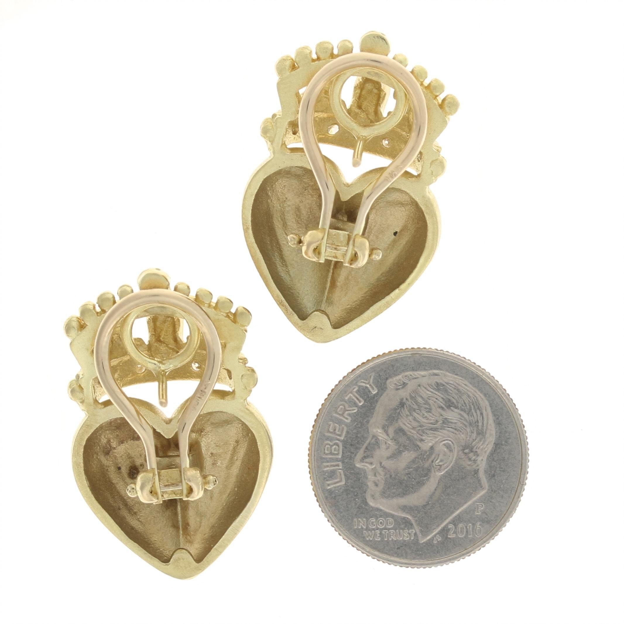 Yellow Gold Diamond Crowned Heart Large Stud Earrings 18k Round Cut .12ctw Omega In Excellent Condition In Greensboro, NC