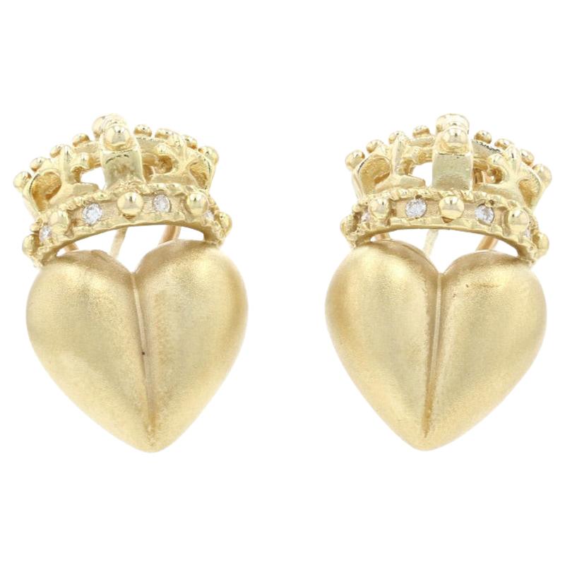 Yellow Gold Diamond Crowned Heart Large Stud Earrings 18k Round Cut .12ctw Omega