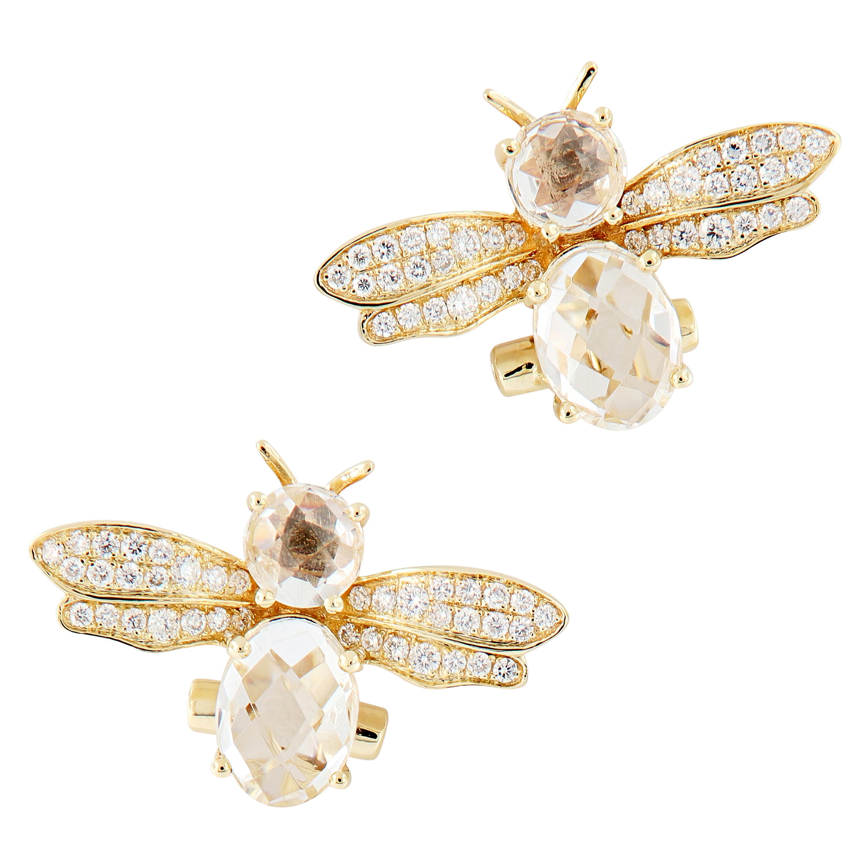 Yellow Gold Diamond Crystal Bumblebee Stud Earrings