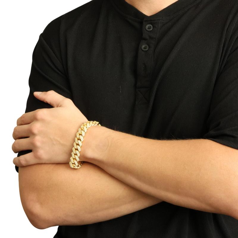 Taille ronde Bracelet homme en or jaune avec chaîne cubaine et diamants - 14k Round 15.00ctw Bling en vente