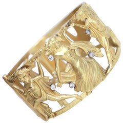 Yellow Gold Diamond Cuff Bangle Bracelet Signed Dance, 1970s