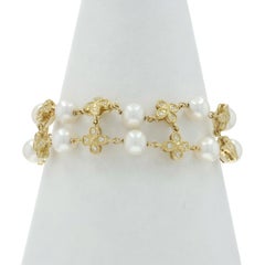 Yellow Gold Diamond Cultured Pearl Double Strand Bracelet 8 1/4" - 18k Rd .80ctw