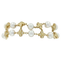Yellow Gold Diamond Cultured Pearl Double Strand Bracelet 8 1/4" - 18k Rd .80ctw