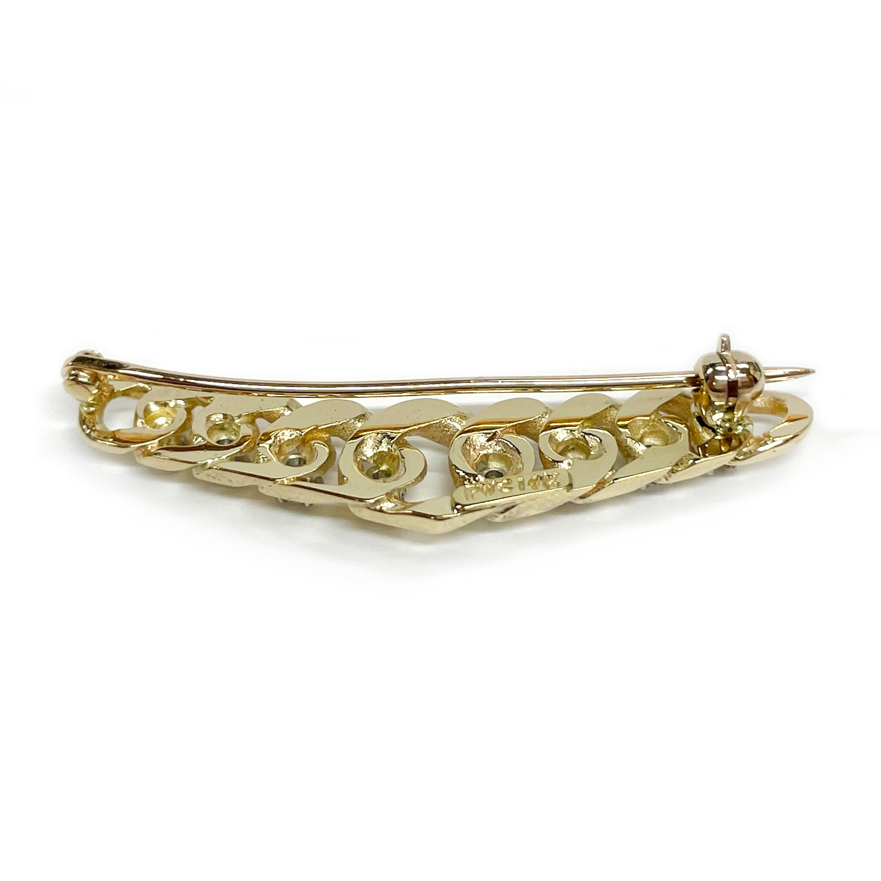 Retro Yellow Gold Diamond Curbed Link Diamond Brooch For Sale