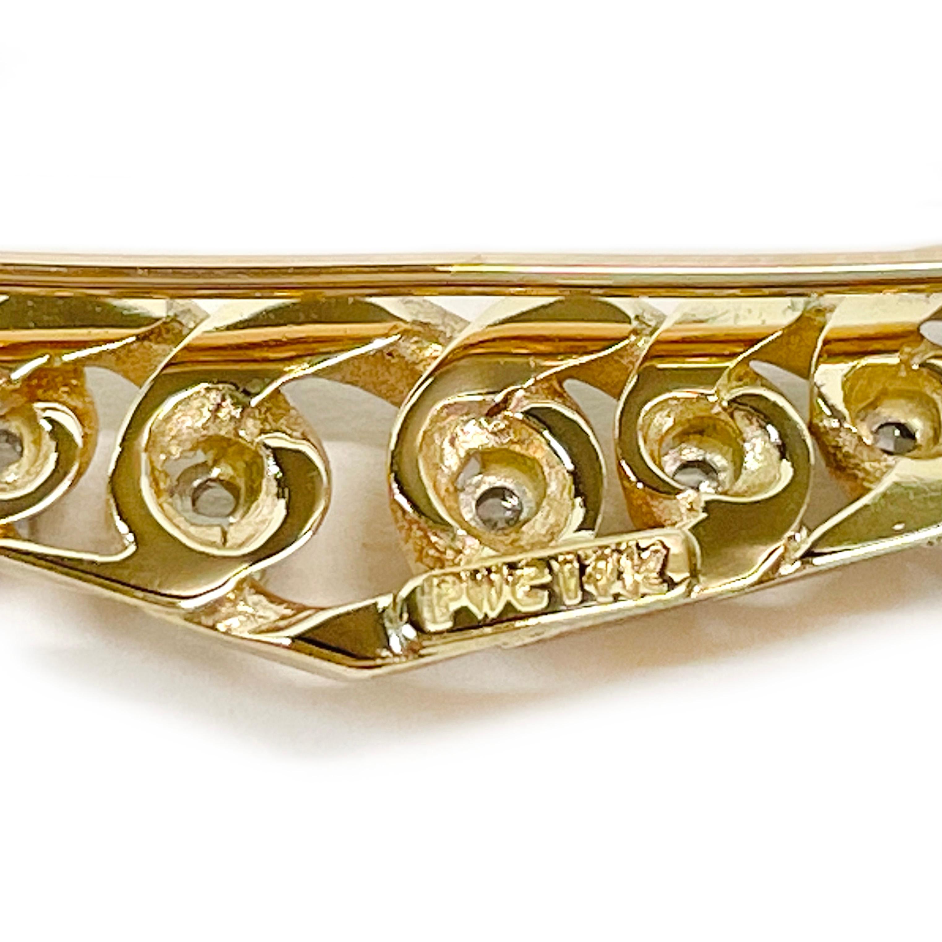 Round Cut Yellow Gold Diamond Curbed Link Diamond Brooch For Sale
