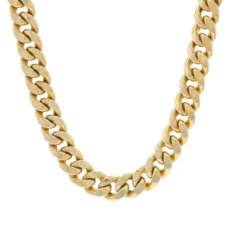 Metal Content: 10k Yellow Gold

Chain Style: Diamond Cut Curb
Necklace Style: Chain
Fastening Type: Tab Box Clasp with Two Side Safety Clasps
Features: Hollow link construction for comfortable, all-day wear

Measurements

Length: 20