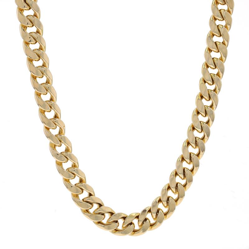 Metal Content: 10k Yellow Gold

Chain Style: Diamond Cut Curb
Necklace Style: Chain
Fastening Type: Tab Box Clasp with Two Side Safety Clasps
Features: Hollow link construction for comfortable, all-day wear

Measurements
Length: 24