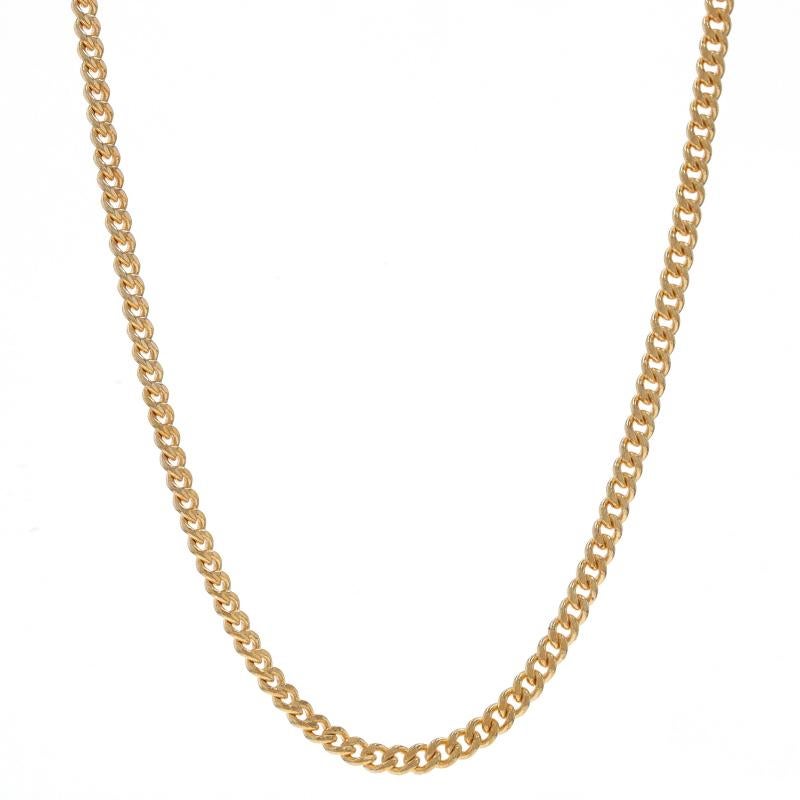 Metal Content: 10k Yellow Gold

Chain Style: Diamond Cut Curb
Necklace Style: Chain
Fastening Type: Spring Ring Clasp

Measurements

Length: 18