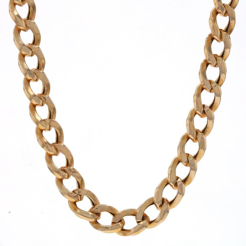 Metal Content: 14k Yellow Gold

Chain Style: Diamond Cut Curb
Necklace Style: Chain
Fastening Type: Spring Ring Clasp
Features: Hollow link construction for comfortable, all-day wear.

Measurements

Length: 19 1/4