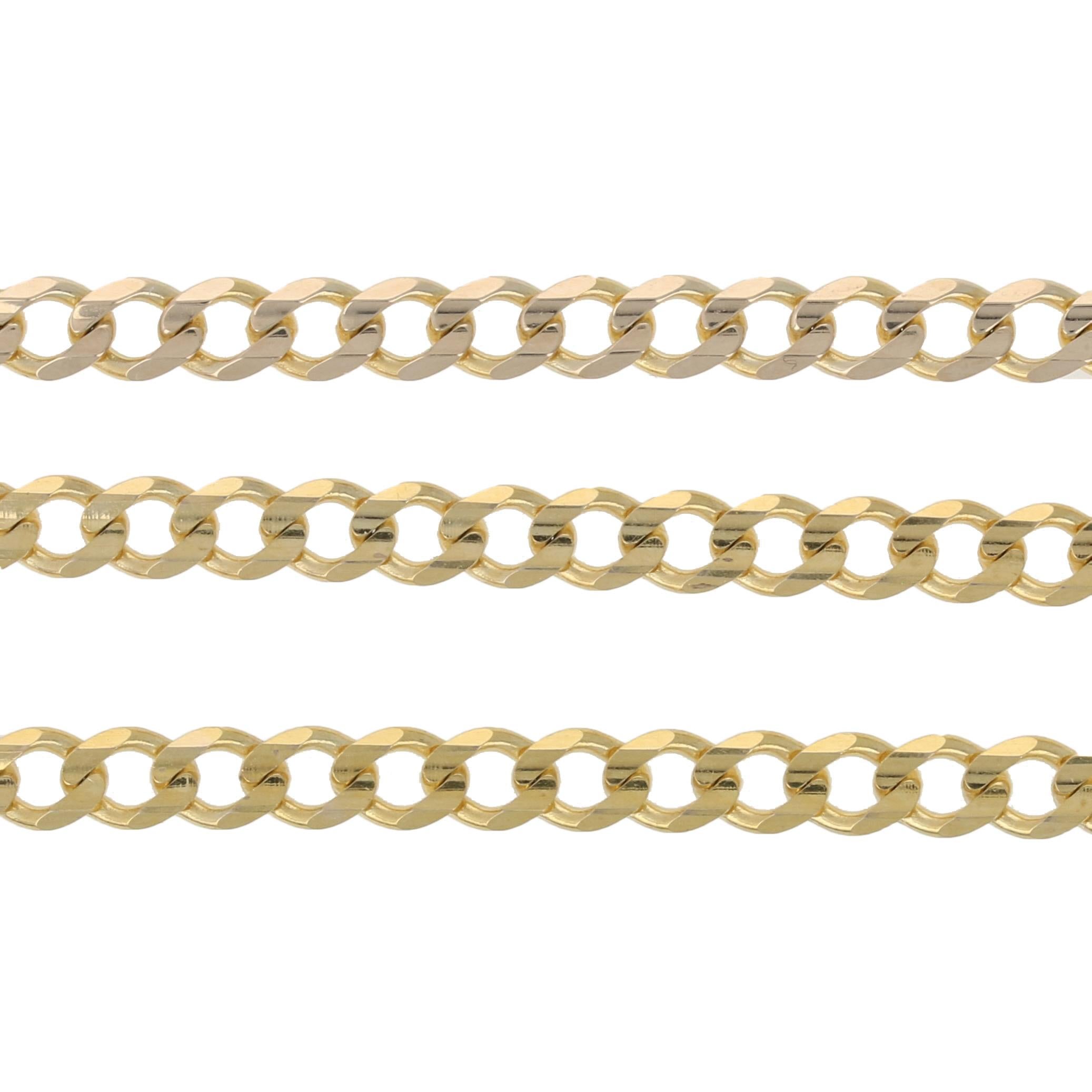 
Country of Origin: Italy
Metal Content: Guaranteed 14k Gold as stamped
Style: Diamond Cut Curb  
Measurements: length 20