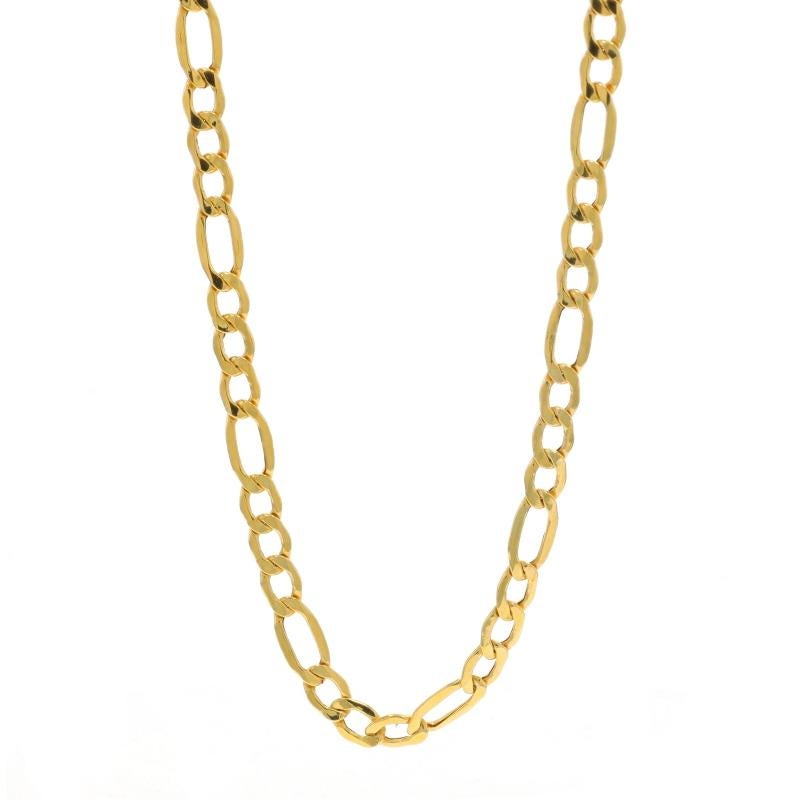 Metal Content: 10k Yellow Gold

Chain Style: Diamond Cut Figaro
Necklace Style: Chain
Fastening Type: Lobster Claw Clasp
Features: Hollow Link Construction

Measurements

Length: 21 3/4