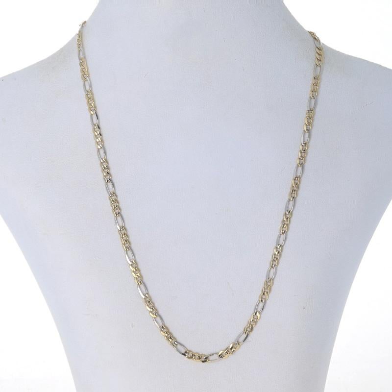Metal Content: 14k Yellow Gold & 14k White Gold

Chain Style: Diamond Cut Figaro
Necklace Style: Chain
Fastening Type: Lobster Claw Clasp

Measurements

Length: 18