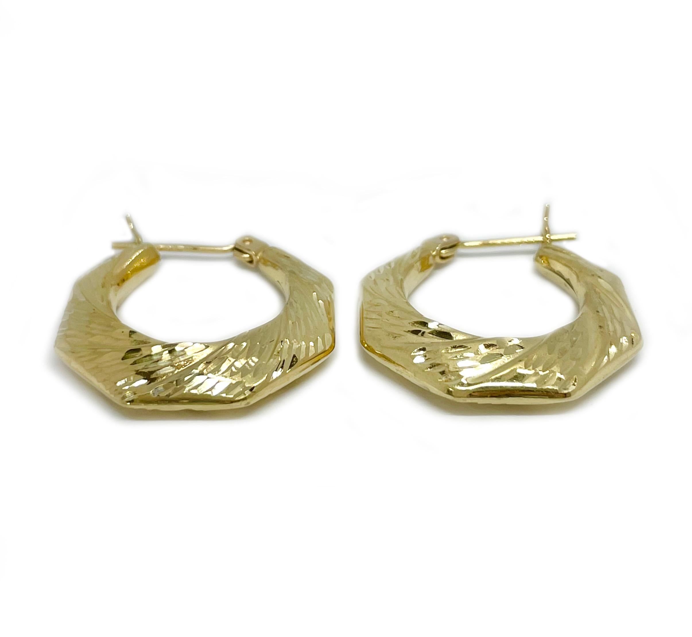Retro Yellow Gold Diamond Cut Hoop Earrings For Sale