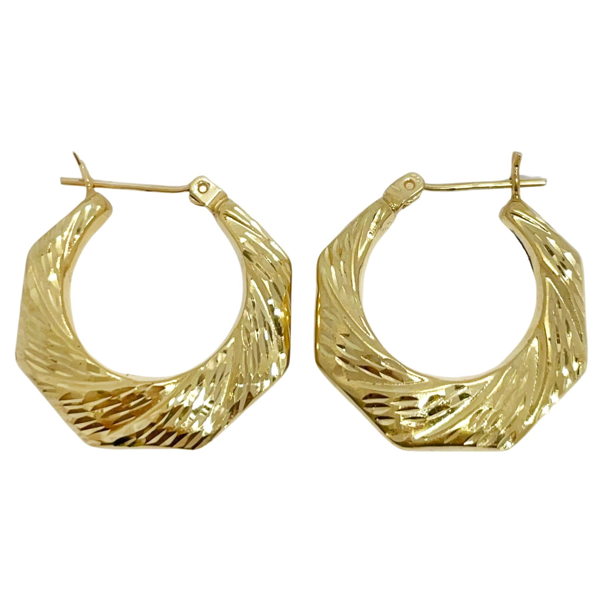 Yellow Gold Diamond Cut Hoop Earrings For Sale