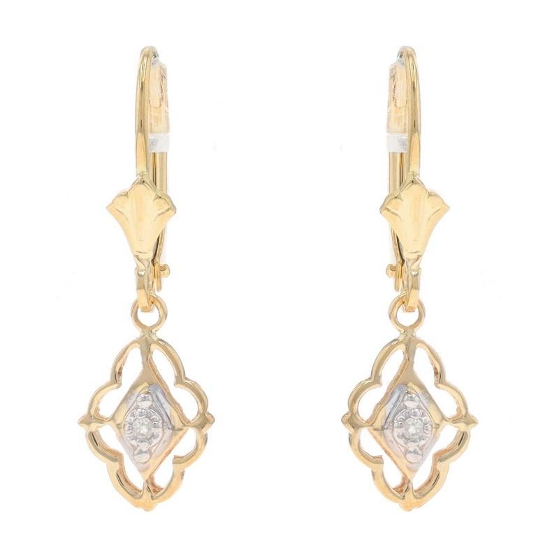 Metal Content: 10k Yellow Gold, 10k White Gold, & 14k Yellow Gold
Metal Note: 10k dangles & 14k leverbacks

Stone Information
Natural Diamonds
Cut: Single
Stone Note: (two small accents)

Style: Dangle
Fastening Type: Leverback Closures
Theme: