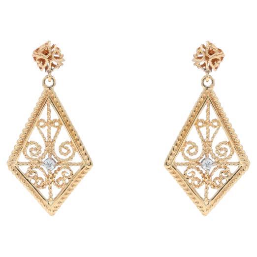 Yellow Gold Diamond Dangle Earrings - 14k Round .10ctw Scrollwork Kite Pierced For Sale