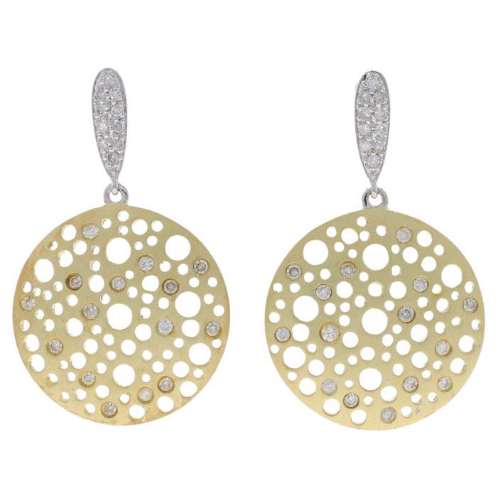 Yellow Gold Diamond Dangle Earrings - 14k Round .50ctw Matte Circles Pierced For Sale