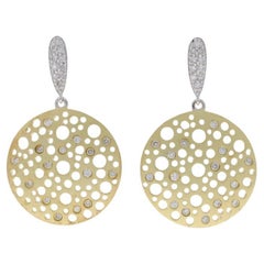 Yellow Gold Diamond Dangle Earrings - 14k Round .50ctw Matte Circles Pierced