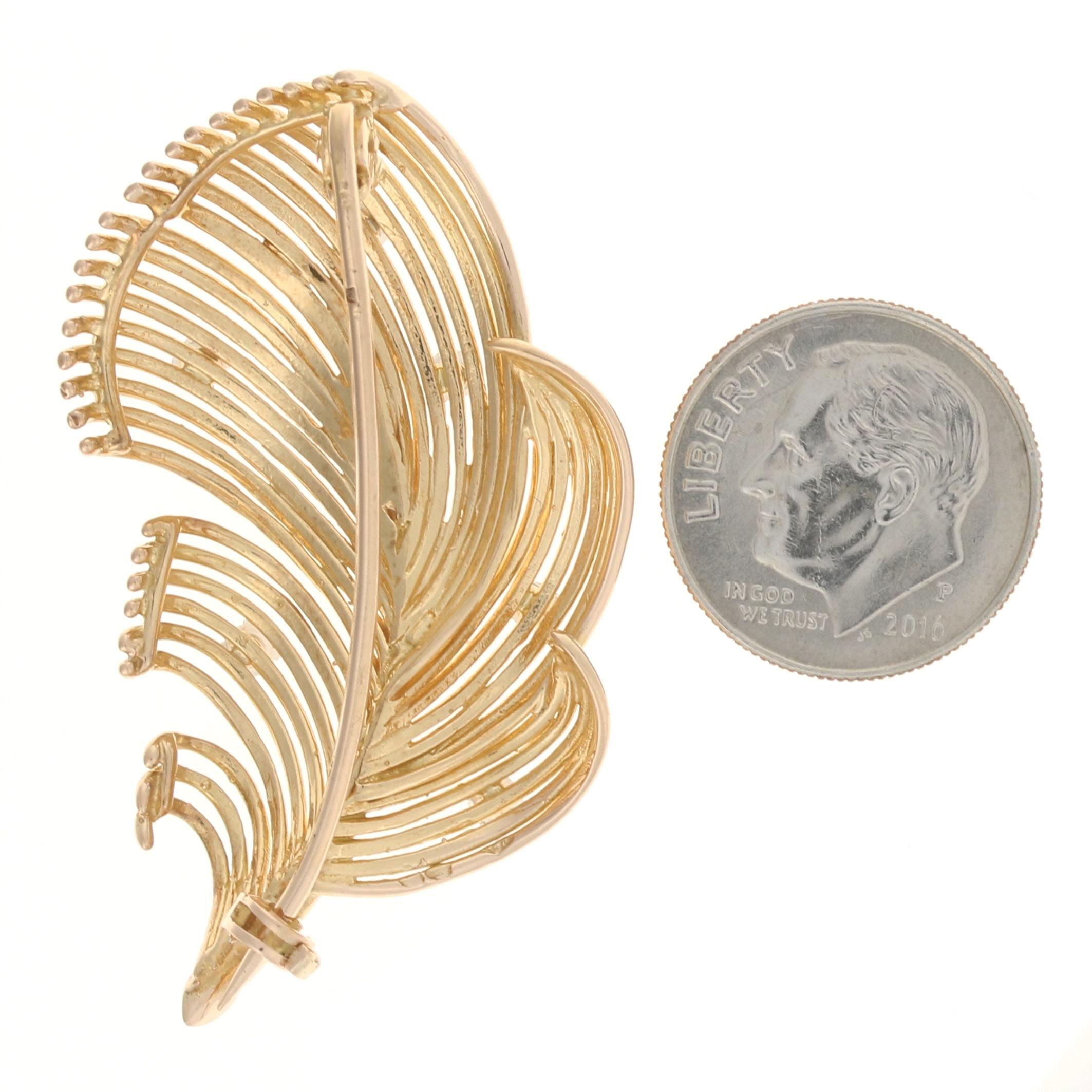 Yellow Gold Diamond Dewdrop Feather Brooch 18k Round Brilliant .33ctw Nature Pin In Excellent Condition In Greensboro, NC