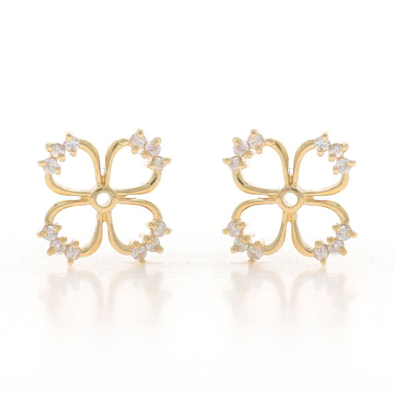 Metal Content: 14k Yellow Gold

Stone Information

Natural Diamonds
Carat(s): .24ctw
Cut: Round Brilliant
Color: G - H
Clarity: SI2 - I1

Total Carats: .24ctw

Style: Earring Enhancers
Theme: Dogwood, Flower Blossoms

Measurements

Tall: 7/16