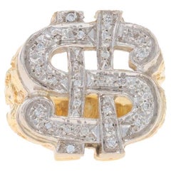 Yellow Gold Diamond Dollar Sign Men's Ring- 14k Round Brilliant .30ctw Bling