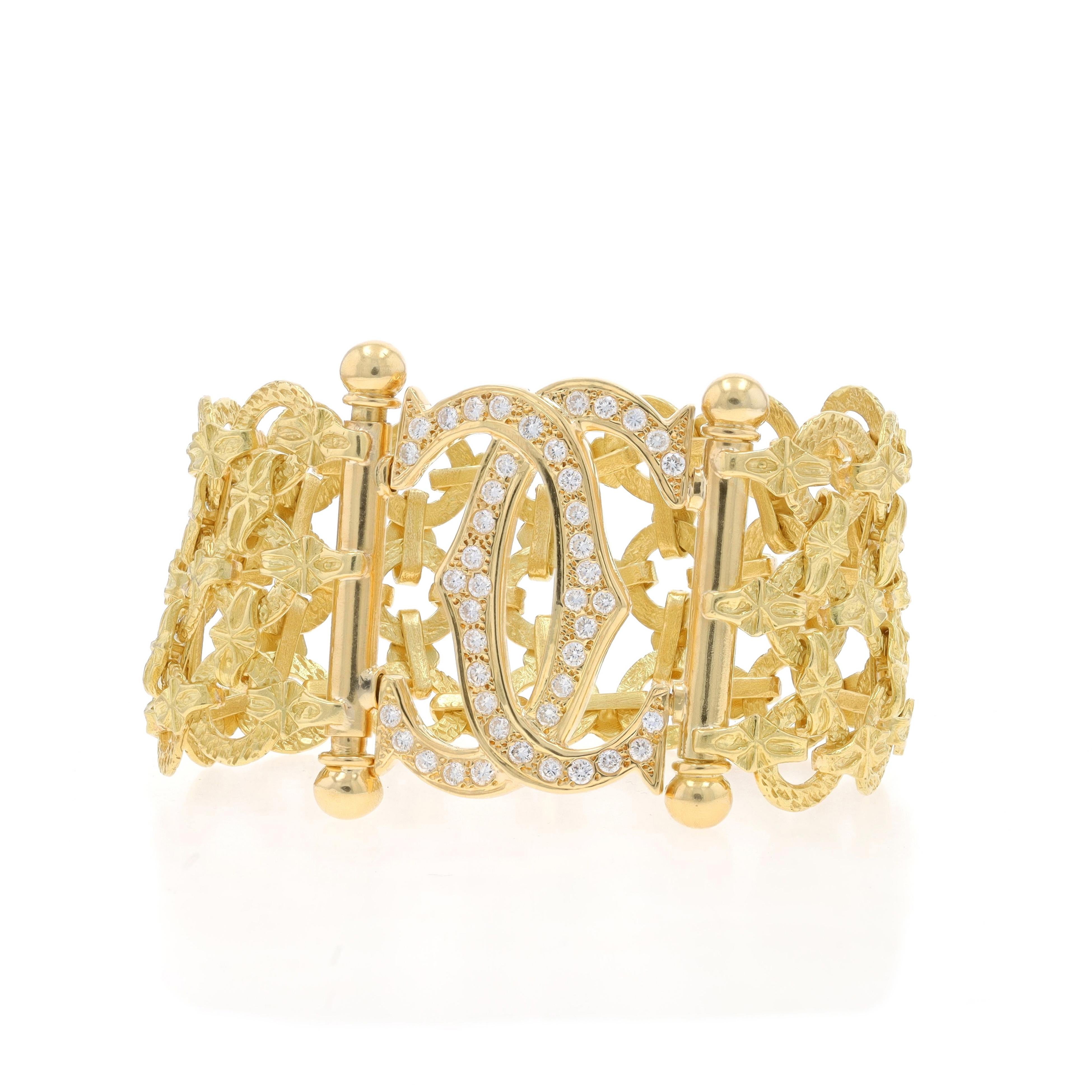 Metal Content: 18k Yellow Gold

Stone Information

Natural Diamonds
Carat(s): 1.32ctw
Cut: Round Brilliant
Color: E - F
Clarity: VS1 - VS2

Total Carats: 1.32ctw

Style: Chain Link
Fastening Type: Locking Snap Clasp
Theme: Double C, Initials