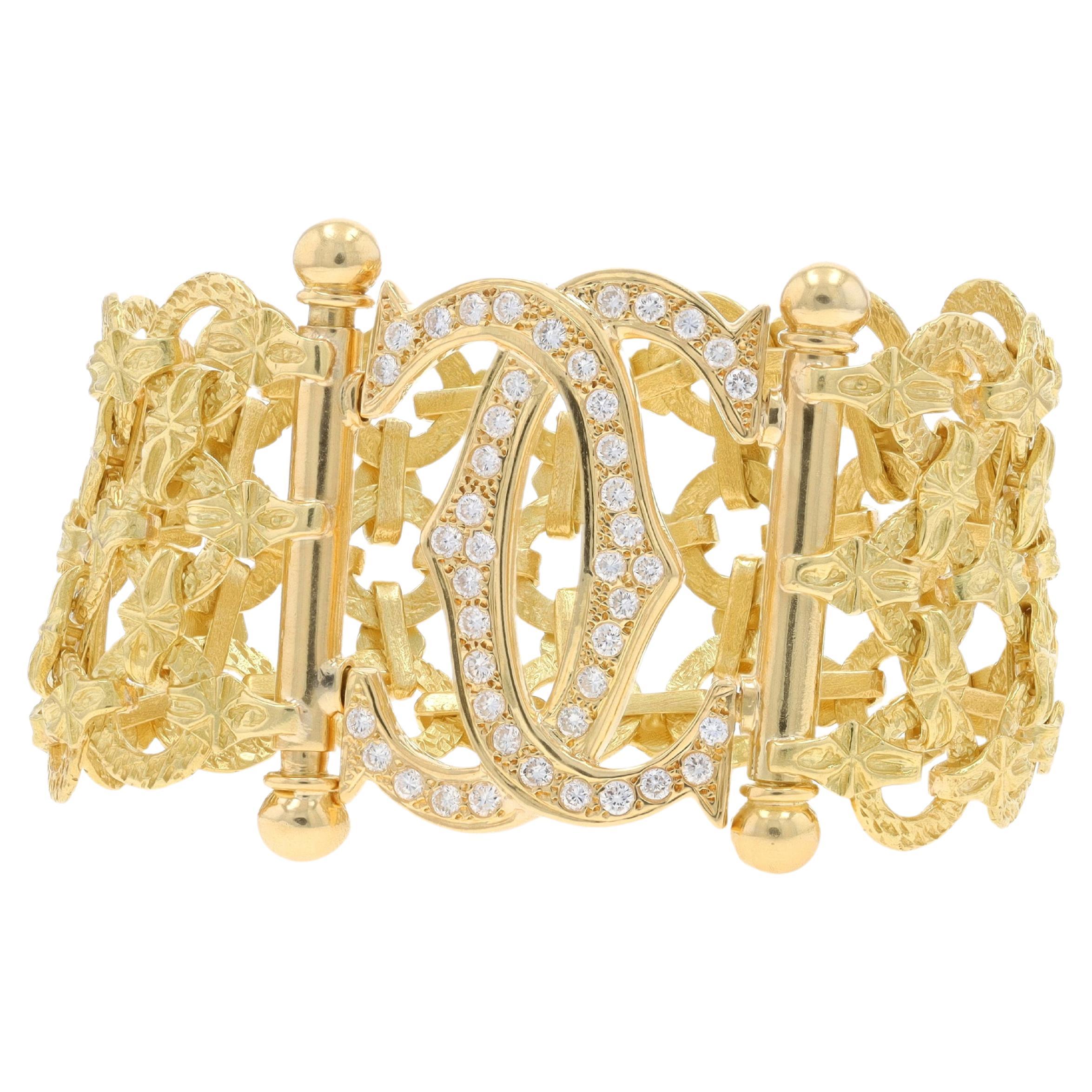 Yellow Gold Diamond Double C Bracelet 6 1/4" -18k Rnd 1.32ctw Chain Link Lattice For Sale