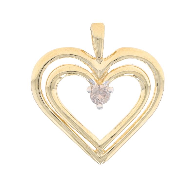 Metal Content: 10k Yellow Gold & 10k White Gold

Stone Information
Natural Diamond
Carat(s): .10ct
Cut: Round Brilliant
Color: Champagne Brown
Clarity: SI1

Total Carats: .10ct

Style: Solitaire
Theme: Double Heart, Love

Measurements
Tall (from