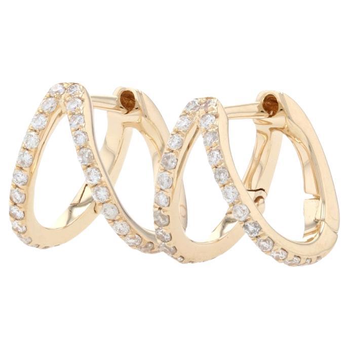 Yellow Gold Diamond Double Huggie Hoop Earrings - 14k Round Brilliant .26ctw For Sale