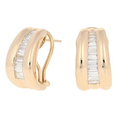 Yellow Gold Diamond Earrings, 14 Karat Baguette Cut 1.50 Carat Pierced J-Hoops