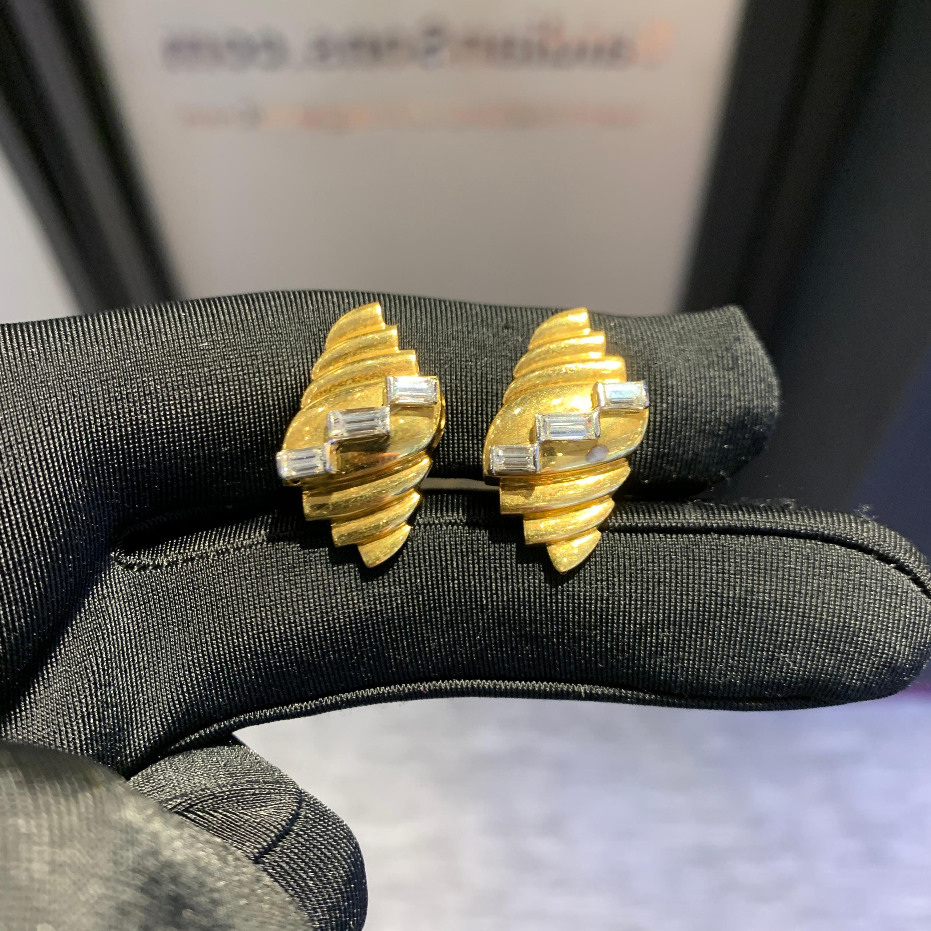 Baguette Cut Yellow Gold Diamond Earrings For Sale