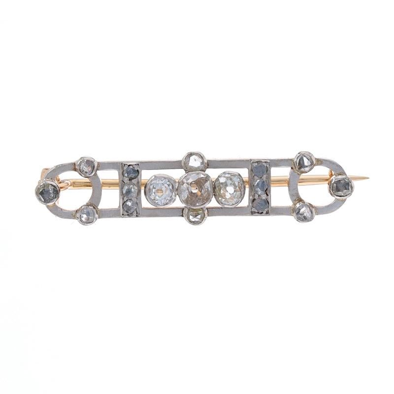 Era: Edwardian
Date: 1900s - 1910s

Metal Content: 14k Yellow Gold & Platinum (top)

Stone Information
Natural Diamonds
Carat(s): .32ctw
Cut: Rose & European
Color: G - H - I
Clarity: SI1 - I1

Total Carats: .32ctw

Style: Bar Brooch
Fastening Type: