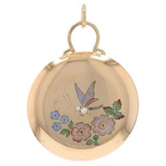 Pendentif en or jaune diamant Edwardian Butterfy & Flowers converted 14k Old Mine