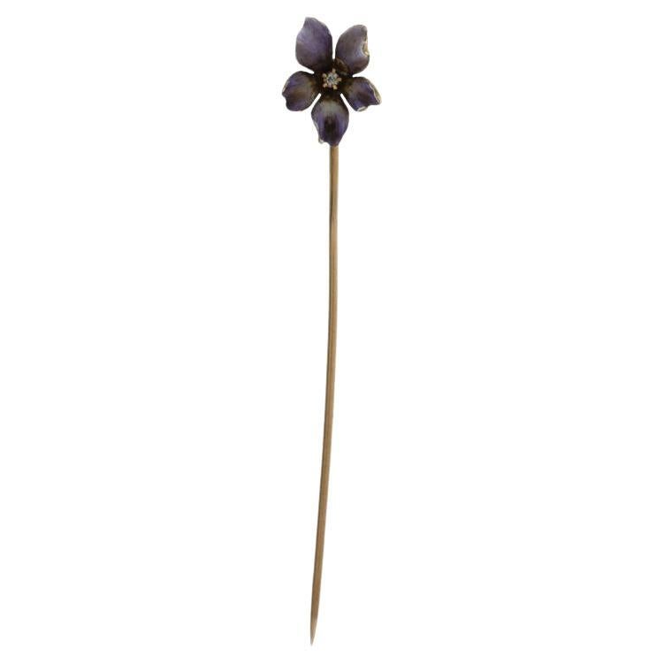 Or Jaune Diamant Edwardian Flower Blossom Stickpin -14k Old Mine 1.00 Antique