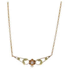 Yellow Gold Diamond Edwardian Flower Solitaire Necklace 15 3/4" 10k 14k Antique