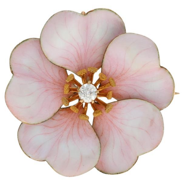 Alfiler de reloj flor eduardiano de oro amarillo con diamantes - 14k Mina .12ct Broche antiguo en venta