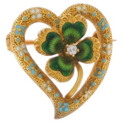 Yellow Gold Diamond Edwardian Four Leaf Clover Brooch 14k Mine Love Pin