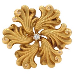 Yellow Gold Diamond Edwardian Pinwheel Swirl Brooch 14k Mine Floral Antique Pin