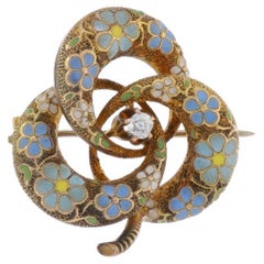 Antike Anstecknadel aus Gelbgold mit Diamanten, Edwardianische Dreiblatt- Kleeblatt-Knotenbrosche, 14k Minen-Diamant