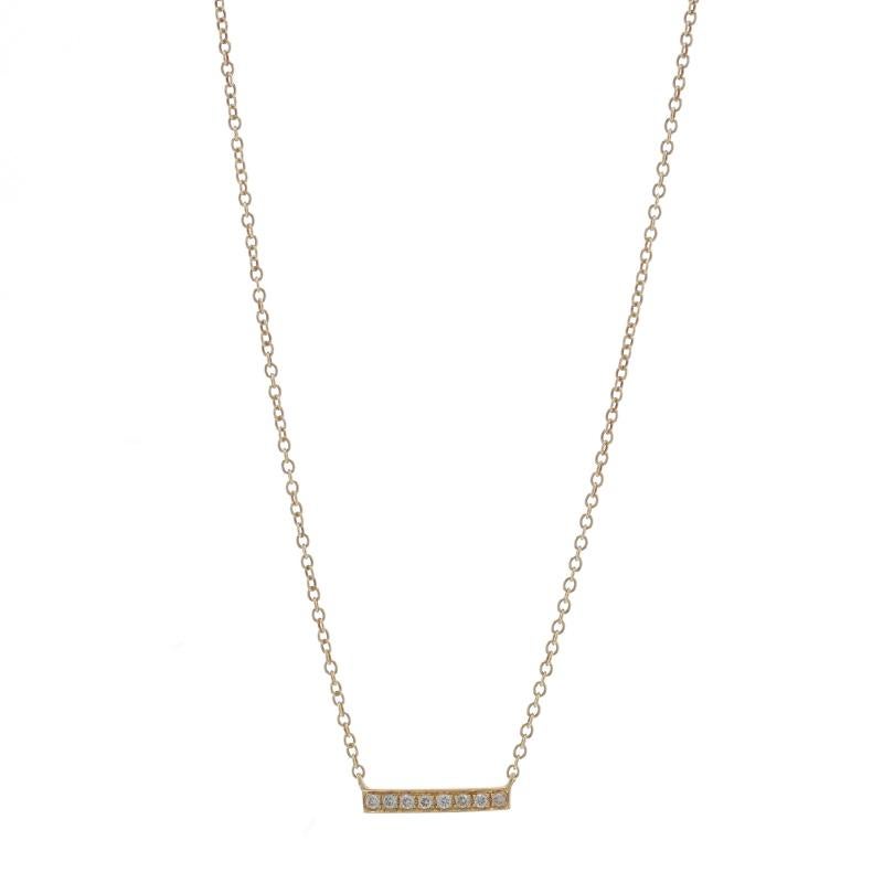Metal Content: 14k Yellow Gold

Stone Information

Natural Diamonds
Carat(s): .08ctw
Cut: Round Brilliant
Color: H - I
Clarity: VS1 - VS2

Style: Eight-Stone Bar
Chain Style: Cable
Necklace Style: Chain
Fastening Type: Spring Ring