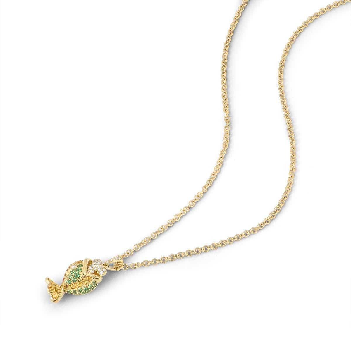 Round Cut Yellow Gold Diamond Emerald and Sapphire Gem-Set Fish Pendant