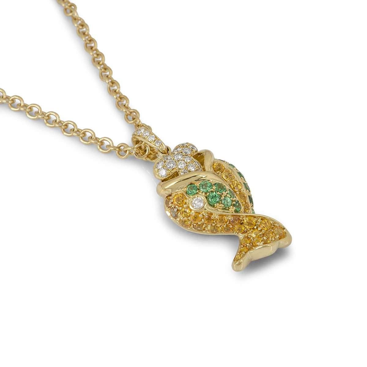 Yellow Gold Diamond Emerald and Sapphire Gem-Set Fish Pendant In Excellent Condition In London, GB