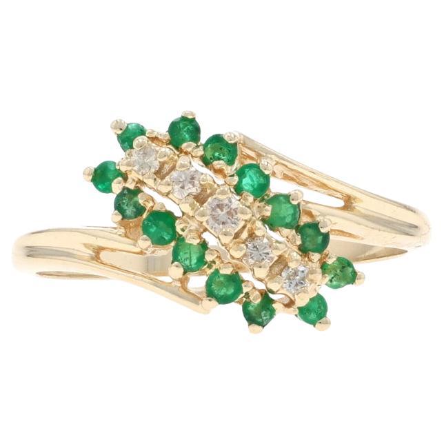Yellow Gold Diamond Emerald Cluster Cocktail Bypass Ring 14k Rd .47ctw Waterfall For Sale