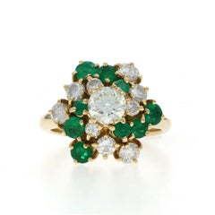 Yellow Gold Diamond Emerald Cluster Cocktail Ring - 18k Round 1.88ctw Floral